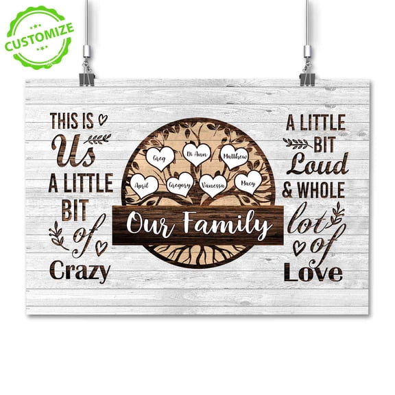Customizaholic Personalized Family Canvas Wall Art, Custom Names Tree Sign, This is Us Quote Gift, Rustic Wood Decor for Home or Living Room