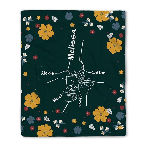 Customizaholic Personalized Family Hands Blanket, Custom Name Throw for Mom or Grandma, Gift from Kids with Floral Background