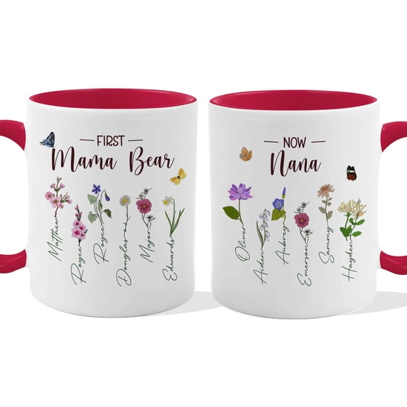 Customizaholic Personalized First Mom Now Grandma Mug - Birth Flower Garden Design, Custom Family Names Keepsake Gift