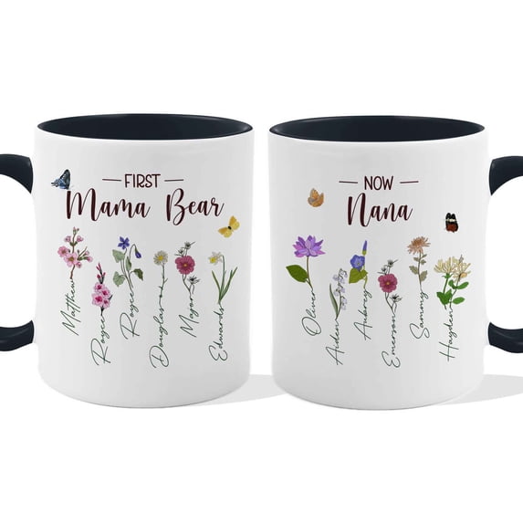 Customizaholic Personalized First Mom Now Grandma Mug - Birth Flower Garden Design, Custom Family Names Keepsake Gift