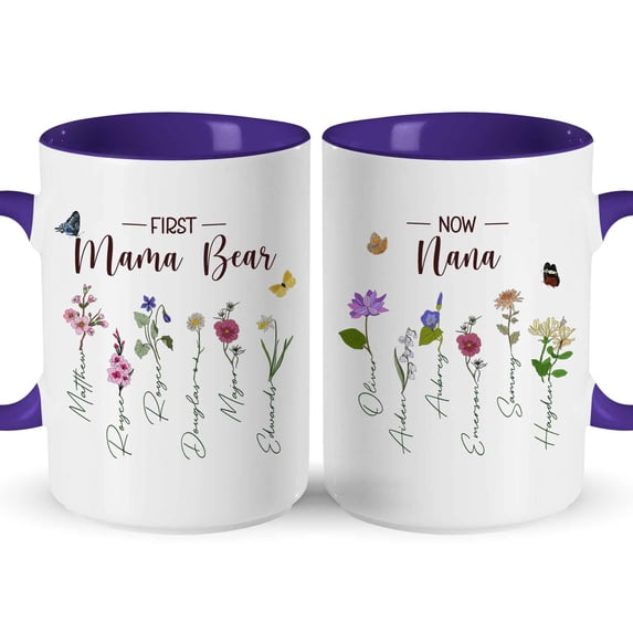 Customizaholic Personalized First Mom Now Grandma Mug - Birth Flower Garden Design, Custom Family Names Keepsake Gift