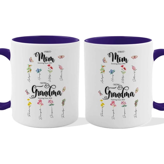 Customizaholic Personalized First Mom Now Grandma Mug - Floral Birth Flower Design, Custom Names Artwork, Sentimental Family Keepsake Gift