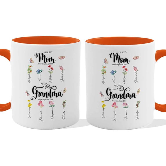 Customizaholic Personalized First Mom Now Grandma Mug - Floral Birth Flower Design, Custom Names Artwork, Sentimental Family Keepsake Gift