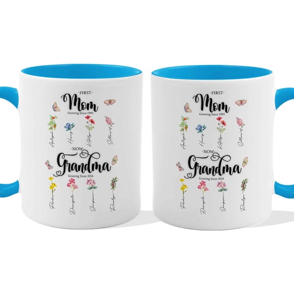 Customizaholic Personalized First Mom Now Grandma Mug - Floral Birth Flower Design, Custom Names Artwork, Sentimental Family Keepsake Gift