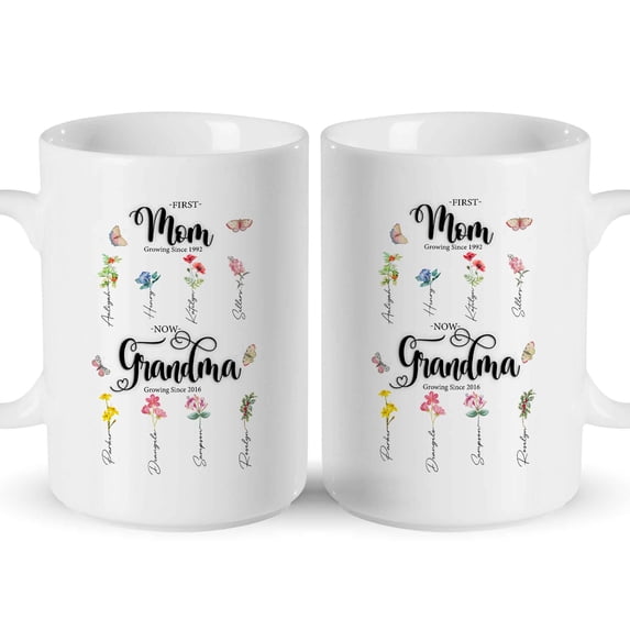 Customizaholic Personalized First Mom Now Grandma Mug - Floral Birth Flower Design, Custom Names Artwork, Sentimental Family Keepsake Gift