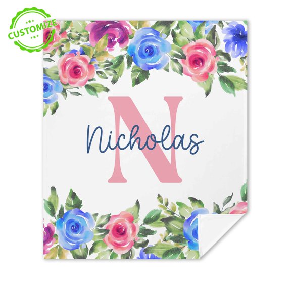 Customizaholic Personalized Floral Monogram Blanket – Custom Name & Initial – Watercolor Rose Border Design – Elegant Personalized Gift for Home & Special Occasions