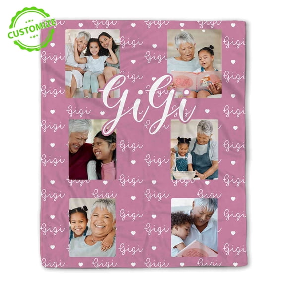 Customizaholic Personalized Gigi Photo Blanket – Custom Name & Pictures – Heart Pattern Design – Meaningful Gift for Gigi, Birthday, Mother’s Day or Holidays