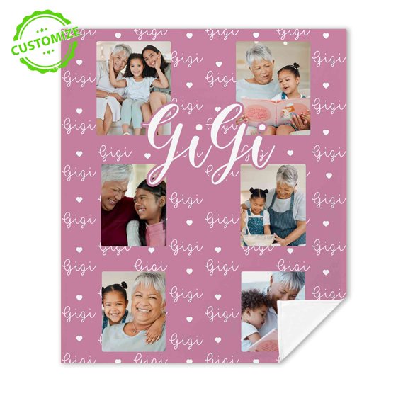 Customizaholic Personalized Gigi Photo Blanket – Custom Name & Pictures – Heart Pattern Design – Meaningful Gift for Gigi, Birthday, Mother’s Day or Holidays