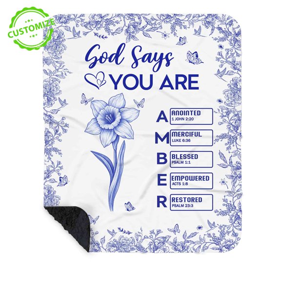 Customizaholic Personalized “God Says You Are” Blanket – Custom Name & Bible Verses – Blue Floral Christian Faith Design – Inspirational Encouragement Gift