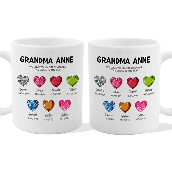 Customizaholic Personalized Grandma Mug - Birthstone Heart Design, Custom Names and Dates Artwork, Meaningful Family Keepsake Gift