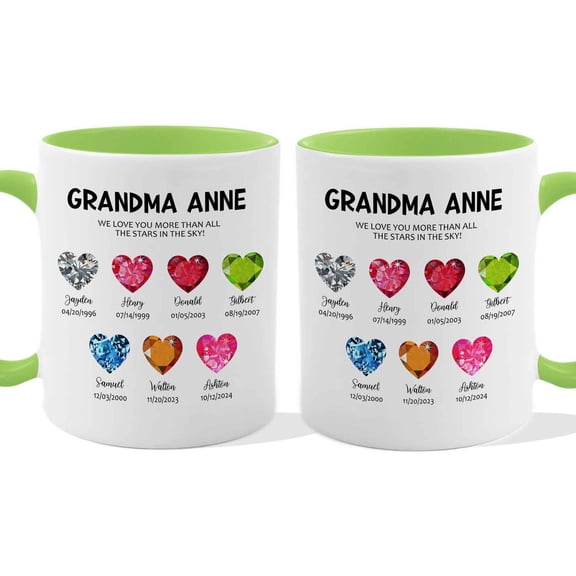 Customizaholic Personalized Grandma Mug - Birthstone Heart Design, Custom Names and Dates Artwork, Meaningful Family Keepsake Gift