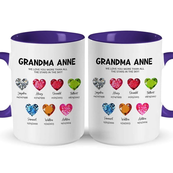 Customizaholic Personalized Grandma Mug - Birthstone Heart Design, Custom Names and Dates Artwork, Meaningful Family Keepsake Gift