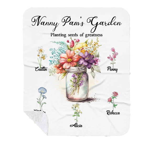 Customizaholic Personalized Grandma’s Garden Blanket, Custom Grandkids Names Floral Mason Jar Design, Cozy Plush Fleece Gift for Grandma, Family Keepsake