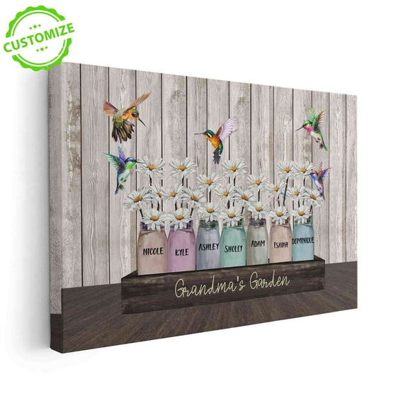 Customizaholic Personalized Grandma’s Garden Canvas Print, Custom Grandchildren Names, Rustic Mason Jars with Flowers and Hummingbirds, Gift for Nana, Mimi, Granny