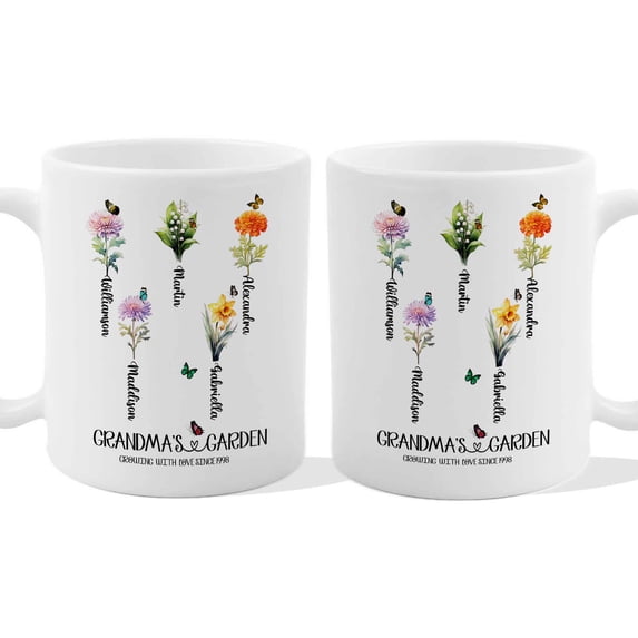 Customizaholic Personalized Grandma’s Garden Mug - Floral Birth Flower Artwork, Custom Names Design, Sentimental Family Keepsake Gift