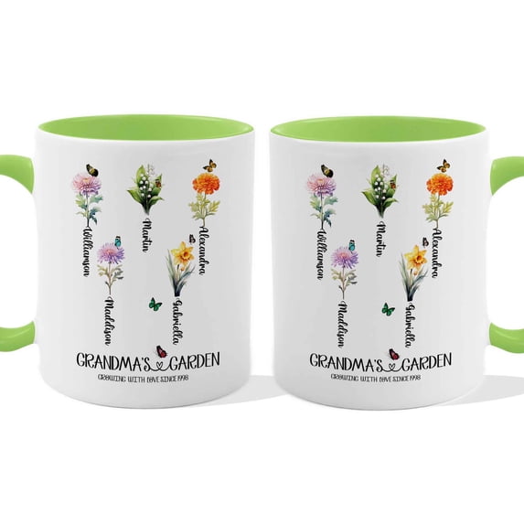 Customizaholic Personalized Grandma’s Garden Mug - Floral Birth Flower Artwork, Custom Names Design, Sentimental Family Keepsake Gift
