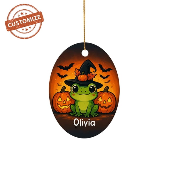 Customizaholic Personalized Halloween Frog Ornament, Cute Witch Frog with Pumpkins and Bats, Custom Name Spooky Gift Decoration 2025
