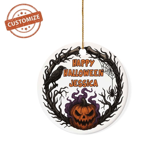 Customizaholic Personalized Happy Halloween Ornament – Custom Name Jack O’Lantern Pumpkin Decoration, Spooky Spider Web Keepsake Gift for Kids, Friends, Family