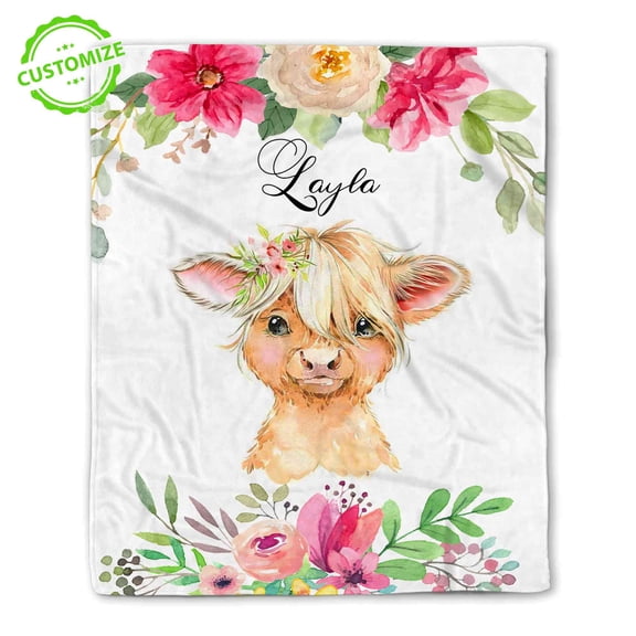 Customizaholic Personalized Highland Cow Floral Blanket – Custom Name Blanket – Cute Watercolor Cow with Flowers – Cozy Rustic Farmhouse Gift for Any Occasion