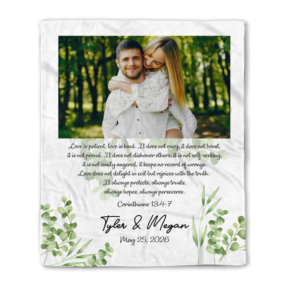 Customizaholic Personalized Marriage Anniversary Blanket - Corinthians 13:4-7 Scripture Photo Throw - Custom Names Wedding Milestone Gift