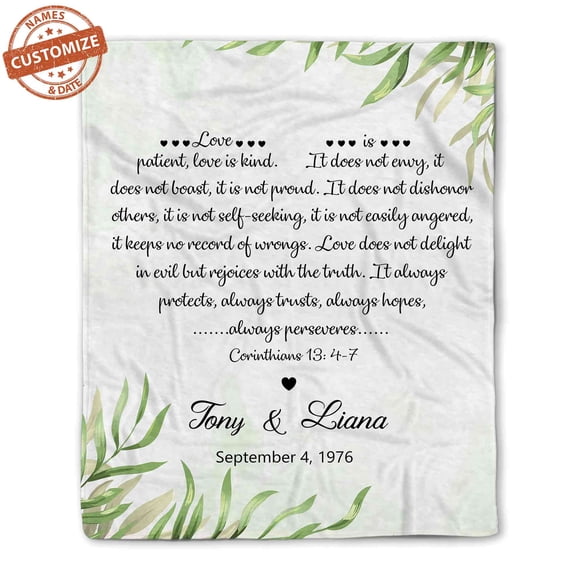 Customizaholic Personalized Marriage Anniversary Blanket - Corinthians 13:4-7 Scripture Throw - Custom Names Wedding Milestone Gift