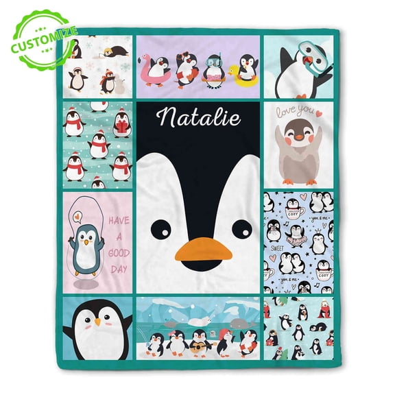 Customizaholic Personalized Penguin Cartoon Collage Throw Blanket with Custom Name, Cute Animal Design for Home Decoration and Gift Giving
