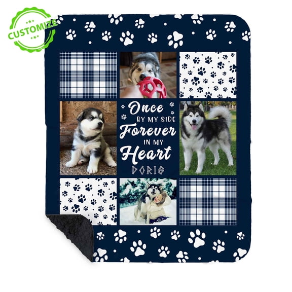Customizaholic Personalized Pet Memorial Photo Blanket – Custom Name & Pictures – “Forever in My Heart” Paw Print Design – Heartfelt Tribute for Beloved Pets