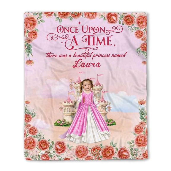 Customizaholic Personalized Princess Photo Once Upon A Time Soft Fleece Throw Blanket for Little Girls Custom Name