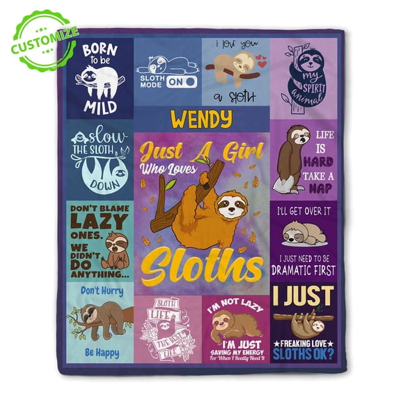 Customizaholic Personalized Sloth Quote Collage Blanket with Custom Name, Funny Lazy Animal Design for Bedroom, Sofa, or Unique Gift Idea