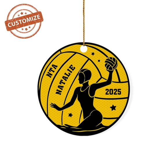 Customizaholic Personalized Water Polo Ornament, Female Player Silhouette Design, Custom Name and Year Ceramic Decoration, Unique Sports Keepsake Gift for Athletes and Teams