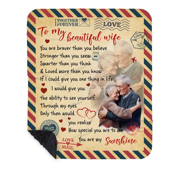 Customizaholic Personalized Wife Blanket - To My Beautiful Wife Airmail Throw - Custom Photo and Names Anniversary Gift - You Are My Sunshine Blanket