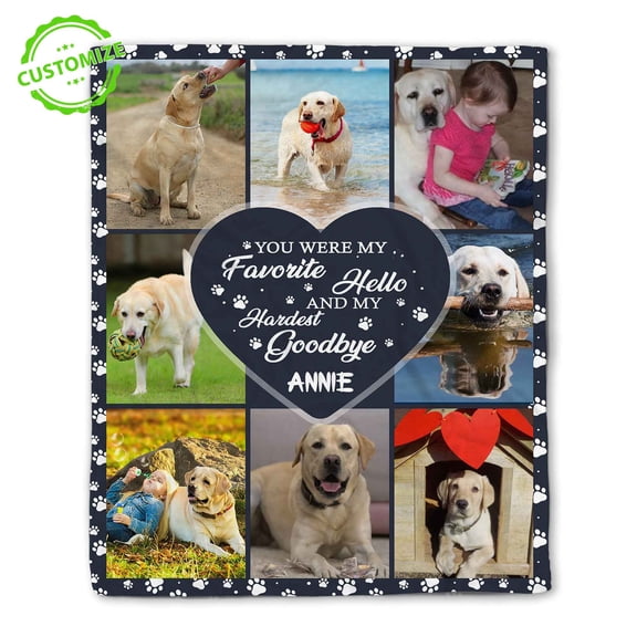 Customizaholic Pet Memorial Blanket – Personalized Dog Photo Collage with Name – Favorite Hello Hardest Goodbye Sympathy Remembrance Gift