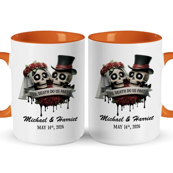 Customizaholic Till Death Do Us Part Personalized Skull Wedding Mug – Custom Couple Names & Date Gothic Anniversary Coffee Mug Gift