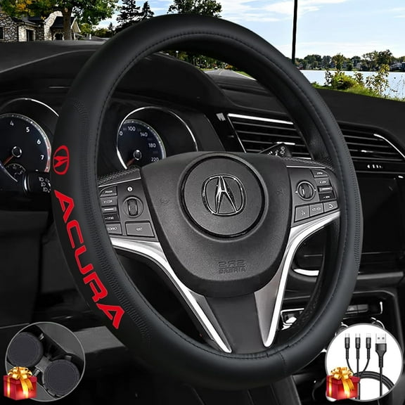 Customization Steering Wheel Cover Compatible with Acura, Black Genuine Leather Steering Wheel Cover, Anti-Slip Safety, Includes Cup Mat & 3-in-1 Charging Cable