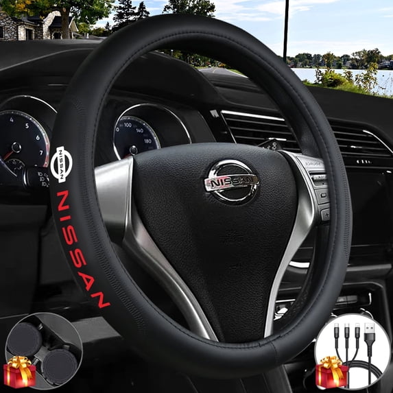 Customization Steering Wheel Cover Compatible with Nissan, Black Genuine Leather Steering Wheel Cover, Anti-Slip Safety, Includes Cup Mat & 3-in-1 Charging Cable