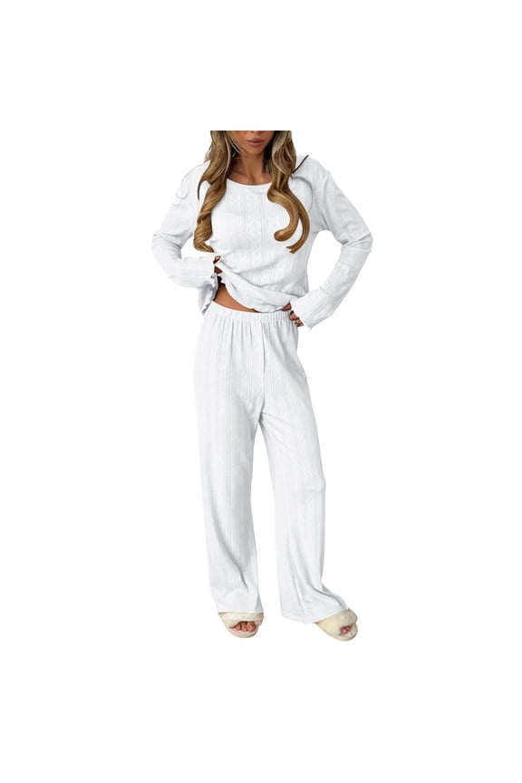 Customization Women Solid Color Knit Jacquarded Long Sleeves Pants Pajamas Set