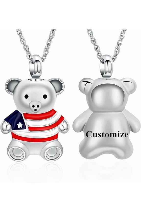 Customize American Flag Bear Cremation Jewelry - Teddy Bear Urn Necklace for Men Women Personalized Necklaces Engraved Names Jewelry
