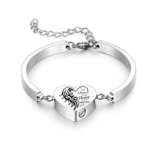 Customize Angel Wing Print Heart Urn Locket Stainless Steel Bangle Keepsake Cremation Jewelry for Ashes of Loved One Memorial Funeral Urn Bracelet for Ashes Holder - A Piece of My Heart is in Heaven