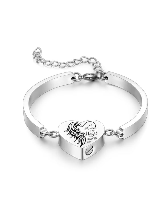 Customize Angel Wing Print Heart Urn Locket Stainless Steel Bangle Keepsake Cremation Jewelry for Ashes of Loved One Memorial Funeral Urn Bracelet for Ashes Holder - A Piece of My Heart is in Heaven