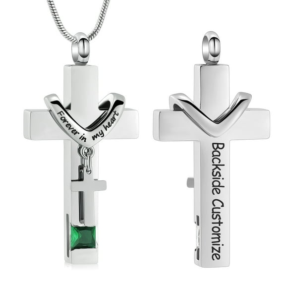 Customize Double Cross with Birthstone Memorial Cremation Jewelry for Ashes Holder Urn Necklace for Ashes of Loved One Ashes Pendent for Ashes and Chain -Forever in My Heart