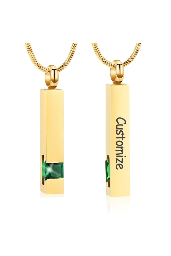 Customize Gold Long Bar with Birthstone Cremation Jewelry for Ashes Holder Pendent for Ashes and Chain Urn Necklace for Ashes of Loved One