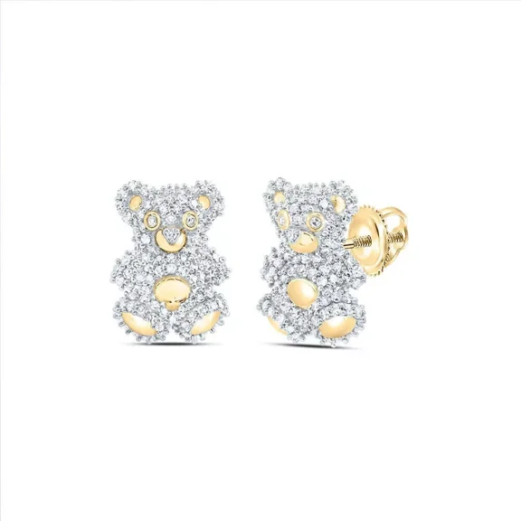 Customize Jewellery Round Cut Cubic Zirconia Teddy Bear Stud Earrings, 14K Yellow Gold Plated Sterling Silver