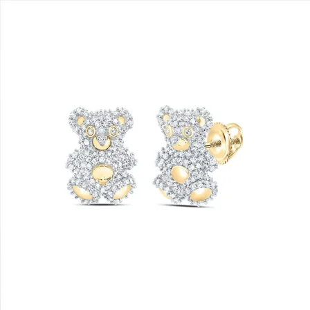 Round Cut Cubic Zirconia Teddy Bear Stud Earrings, 14K Yellow Gold Plated Sterling Silver