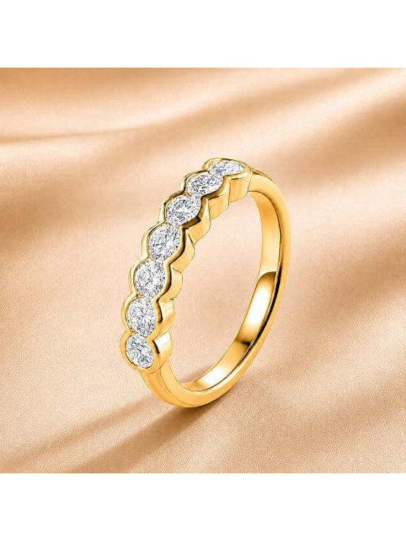 Customize Lab Grown Diamond 7 Stone Wedding Band Ring 14K Gold Plated Pure 925 Sterling Silver Bezel Set Half Eternity Stackable Anniversary Ring Gift for Women