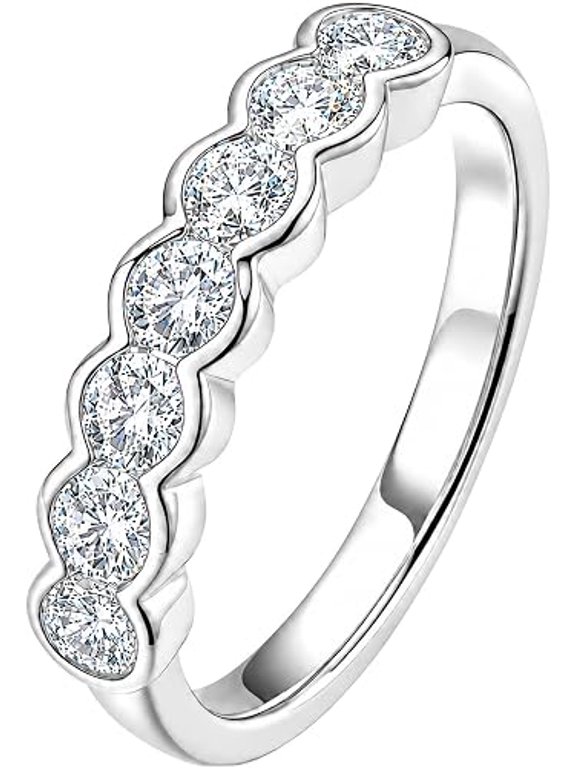 Customize Lab Grown Diamond 7 Stone Wedding Band Ring Pure 925 Sterling Silver Bezel Set Half Eternity Stackable Anniversary Ring Gift for Women
