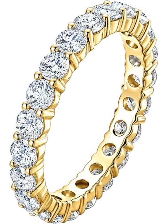 Customize Lab Grown Diamond Full Eternity Wedding Band Ring 2.2 cttw D Color VVS1 14K Gold Plated Pure 925 Sterling Silver Round Cut Shared Prong Stackable Anniversary Ring Gift for Women