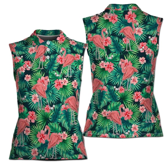 Customize Name Floral Tropical Flamingo Golfing Women Sleeveless Polo XS-4XL