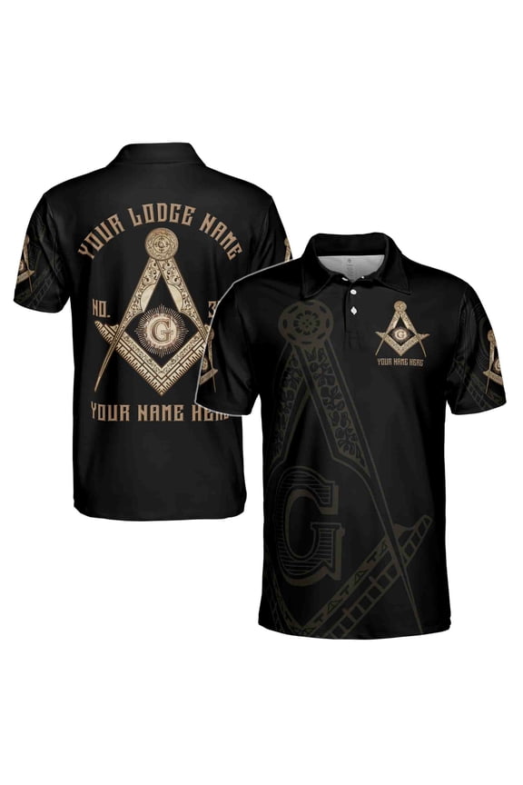 Customize Name, Lodge Name and Number Black and Rose Gold Freemason 3D All Over Print Polo Shirt Size S-5XL