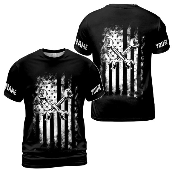 Customize Name Mechanic Tool American Grunge Flag 3D T-Shirt S-5XL