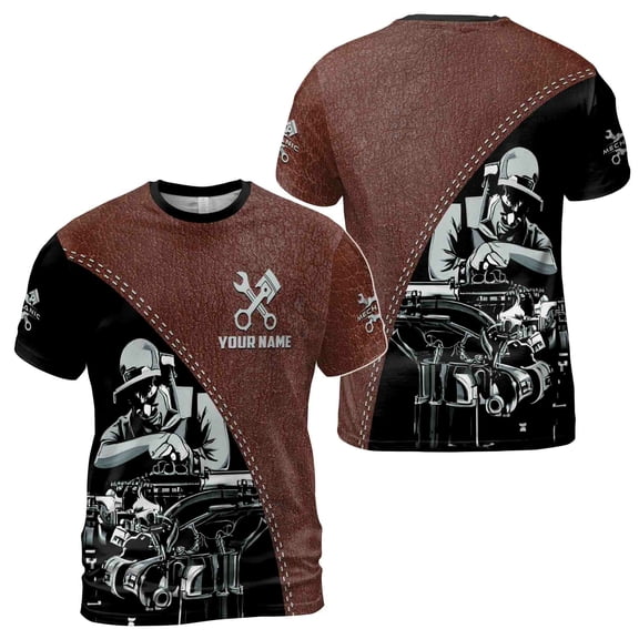 Customize Name Mechanic Tool Leather Grunge Dad Gift 3D T-Shirt S-5XL